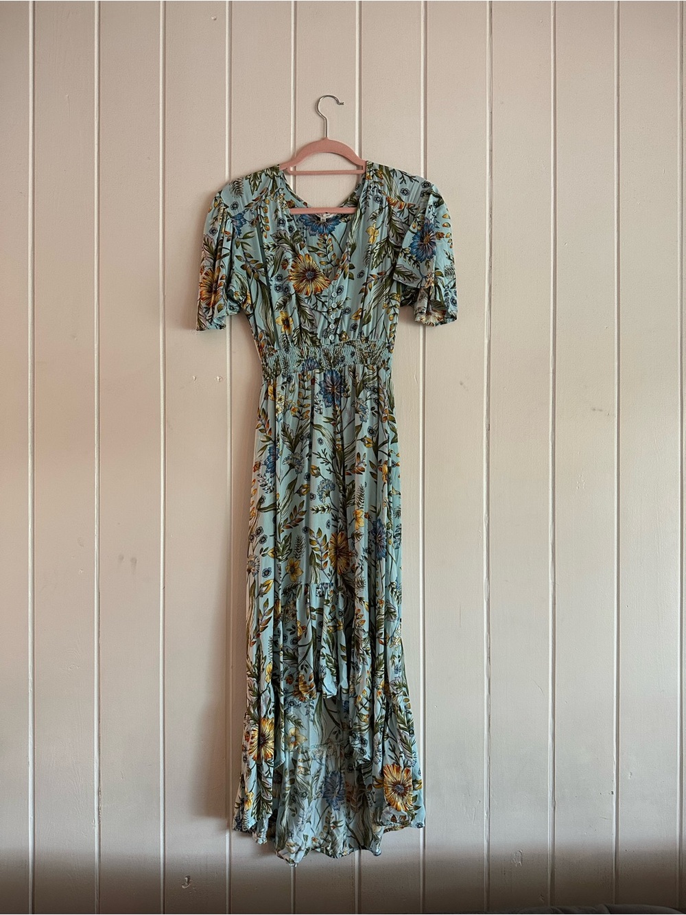 Light Blue Floral Maxi Dress with Puff Sleeves and Smocked Waist